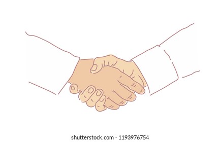 Business handshake. The concept of the transaction. Vector illustration on white background. Man's hands. Deal.