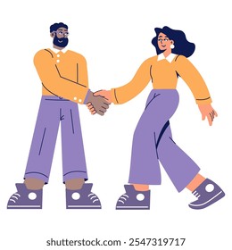 Business handshake concept. Two professionals in casual wear engaging in a firm handshake. Corporate partnership agreement. Vector illustration.