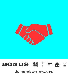 Business handshake, contract agreement icon flat. Red pictogram on blue background. Vector illustration symbol and bonus buttons Music center, corkscrew, credit card, house, drum