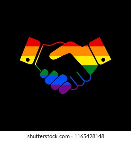 Business handshake / contract agreement sign illustration. Vector. Icon with colors of LGBT flag at black background.