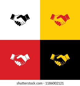 Business handshake / contract agreement sign illustration. Vector. Icons of german flag on corresponding colors as background.