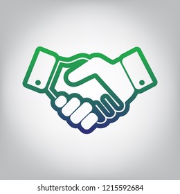 Business handshake / contract agreement sign illustration. Vector. Green to blue gradient contour icon at grayish background with light in center.