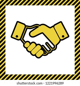 Business handshake / contract agreement sign illustration. Vector. Warm yellow icon with black contour in frame named as under construction at white background. Isolated.
