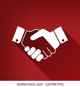 Business handshake / contract agreement sign illustration. Vector. White icon with limitless shadow at ruby red background.