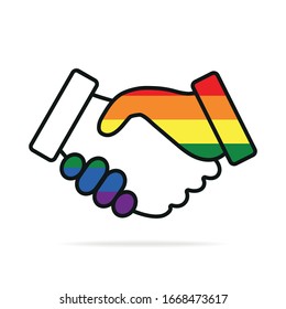 Business handshake / contract agreement sign illustration. Symbol of unity. Icon with colors of LGBT flag. Vector.