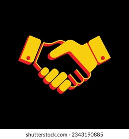 Business handshake  contract agreement sign illustration. 3D Extruded Yellow Icon with Red Sides a Black background. Illustration.