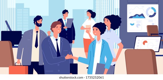 Business handshake. Corporate contract signing, cooperation or collaboration. Businessmen partners meeting in office vector illustration