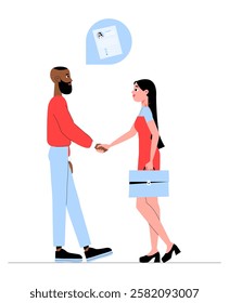 Business Handshake During Hiring Process, Job Interview And Employment Agreement In Flat Vector Illustration, Isolated On White Background