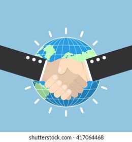 Business handshake with earth globe on background, partnership, international business concept, VECTOR, EPS10