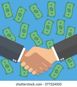 Business handshake with falling money bills in the background. Successful business deal concept. Flat design