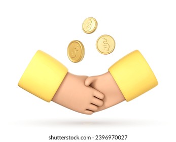 Business handshake and gold coins. Business partnership, effective and beneficial cooperation, deal making, agreement concept. Vector 3d illustration