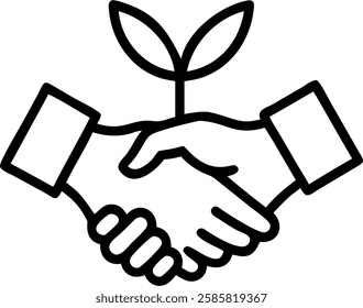 Business handshake with green leaf overlay and copy space concept as Glossy image showing two business professionals shaking hands with a translucent green leaf overlay symbolizing sustainable partner