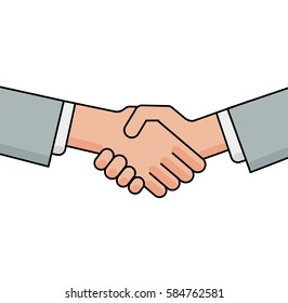 Business handshake, greeting and agreement sign on white background. Flat line vector illustration