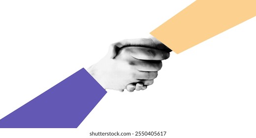 Business handshake halftone art collage element. Partnership concept, successful agreement, closing deal, securing contract. Cut out sticker, modern retro vector illustration on transparent background