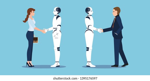 Business handshake with business human and robot hands shake. Concept future business illustration.