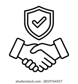 Business handshake icon beneath a shield with checkmark handshake security