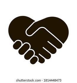 Business handshake icon, contractual agreement, line art. Hands shake, heart and help symbol. Sign contract, partnership, peace. Vector flat illustration