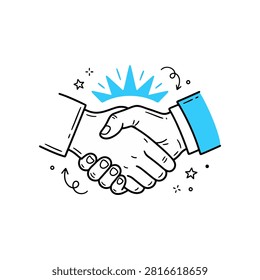 business handshake icon vector line art illustration with blue accents representing successful deal agreement partnership trust cooperation contract negotiation and corporate teamwork concept