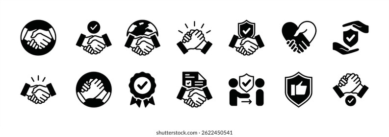 Business handshake icon vector set. Containing contract agreement, trust, partnership, deal, support, help, teamwork, cooperation, security shield, protection, friendship, relationship, greeting