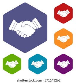 Business handshake icons set rhombus in different colors isolated on white background