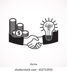Business handshake,  Idea symbol, cogwheels. Icon Isolated on White Background. Vector illustration design element. Flat style design.