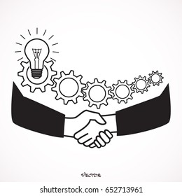 Business handshake,  Idea symbol, cogwheels. Icon Isolated on White Background. Vector illustration design element. Flat style design.