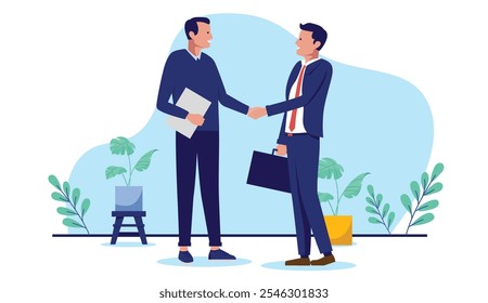 Ilustração de aperto de mão de negócios - Dois homens de negócios apertando as mãos sobre o acordo, sorrindo e sendo profissionais. Design plano gráfico vetorial de vista lateral no plano de fundo branco