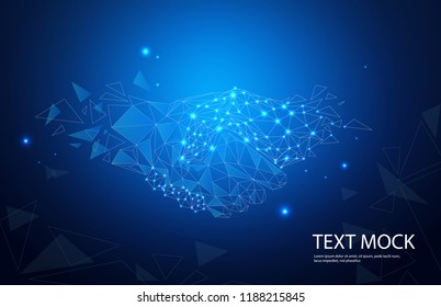 Business handshake lines and triangles, point connecting network on blue background. Illustration vector