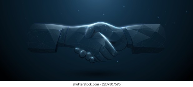 Business handshake is made from lines, triangles, low polygon, and particle style. Vector illustration