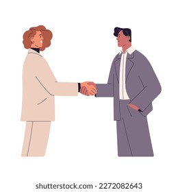 Business handshake of man and woman. Female and male partners shaking hands, agreeing on deal, partnership. Work communication, agreement concept. Flat vector illustration isolated on white background