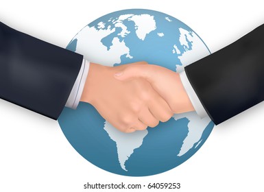 Business handshake on the background of the Earth. Vector.
