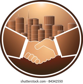 business handshake on the background of a large city