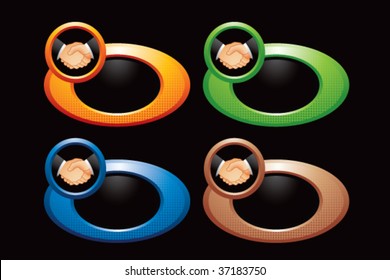 business handshake on multicolored rings