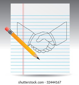 business handshake on notebook paper with pencil