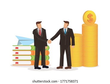 Business handshake with one side with money and the other with knowledge. Cartoon character vector illustration on white background. 