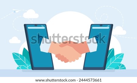 Business handshake. Outsource business and remote work. Online Communication, two business man handshake on mobile. Businesspersons shaking hands through display of a phone. Vector illustration