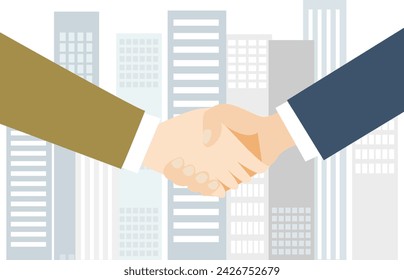 Business handshake over cityscape background. Vector illustration in flat style.