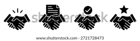 Business handshake solid icon collection. Agreement, partnership, customer satisfaction, successful deal with contract, and star design elements. Vector illustration transparent PNG