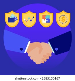Business handshake symbolizing secure financial transactions and data protection, with shields representing essential business security