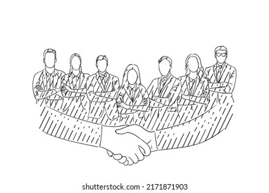 Business handshake with the team in the background. Hand drawn vector illustration design