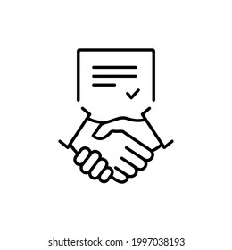 Business handshake teamwork linear concept. Contract line icon. Financial deal pictogram. Agreement signing symbol. Vector isolated on white.