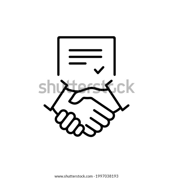 Business handshake teamwork linear concept.\
Contract line icon. Financial deal pictogram. Agreement signing\
symbol. Vector isolated on\
white.