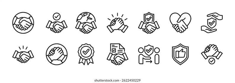 Business handshake thin line icon set. Containing contract agreement, trust, partnership, deal, support, help, teamwork, cooperation, security shield, protection, friendship, relationship, greeting