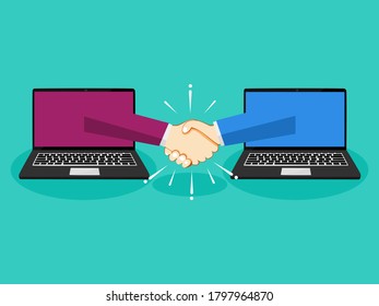 Business handshake through laptop. The concept of making deals online