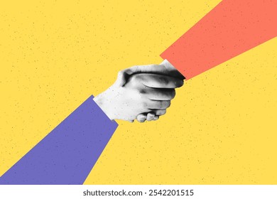 Business handshake trendy halftone art collage banner template. Partnership concept, successful agreement, closing a deal, securing a contract. Modern retro cut out vector illustration