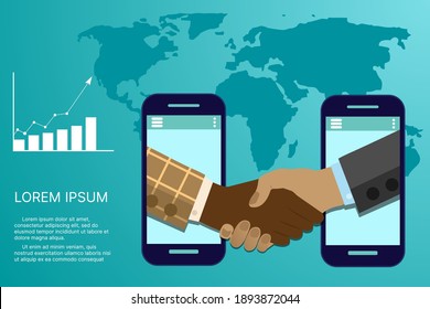 Business handshake using online connections. Concluding transactions online, opening a new startup. People sign a contract against the backdrop of a growing financial chart. Place for text. Vector