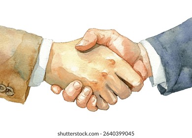 Business handshake vector illustration in a clean watercolor style. Business agreement concept. Partnership symbol, cooperation, success and teamwork. Two hands clasped in a gesture of trust.