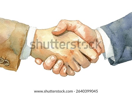 Business handshake vector illustration in a clean watercolor style. Business agreement concept. Partnership symbol, cooperation, success and teamwork. Two hands clasped in a gesture of trust.