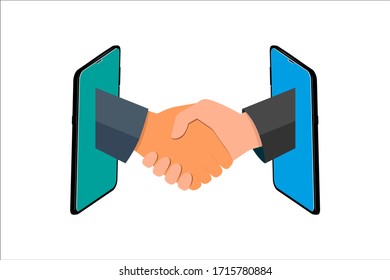 Estilo plano de ilustración vectorial de apretón de manos de empresa. Comunicación en línea, dos hombres de negocios dan el apretón de manos en el móvil, los empresarios dan la mano a través de la exhibición de un teléfono. 