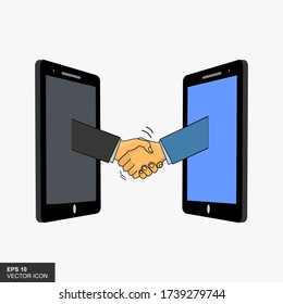 Business handshake vector illustration flat style. Online Communication, two business man handshake on mobile, Businesspersons shaking hands through display of a phone.